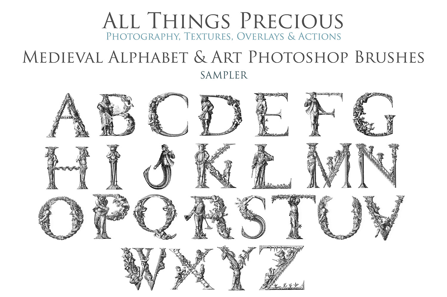 Photoshop brushes for photography and digital design.  Alphabet letters from medieval images. Flowers and bugs. High resolution digital files.  ATP Textures